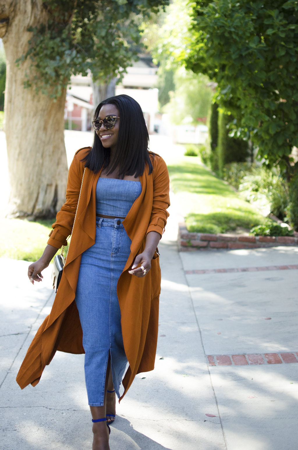 Denim Skirt and Rust Coat