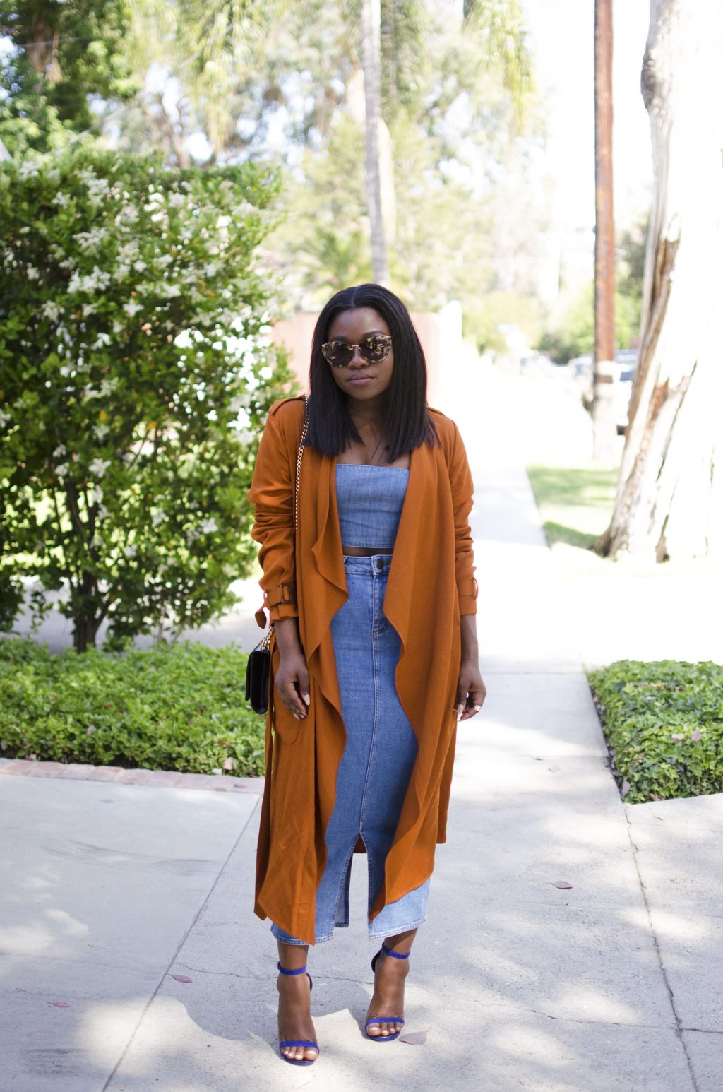 Denim Skirt and Rust Coat