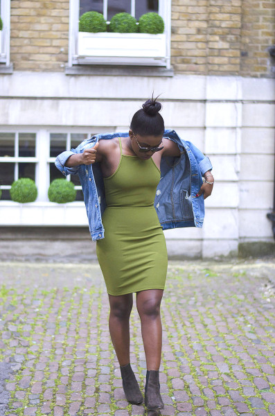 GREEN BODYCON DRESS AND DENIM JACKET